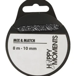 Satinband med tryck, B: 10 mm, svart, 8 m/ 1 rl.