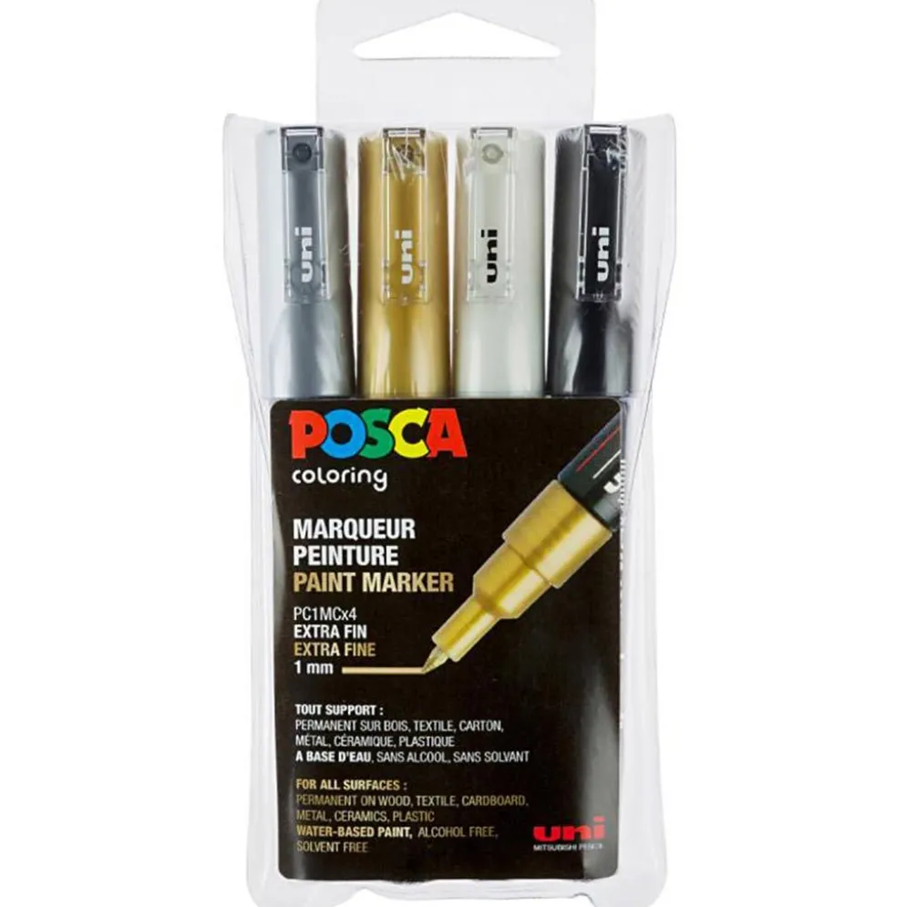 Set med Posca Markers, PC-1MC, nr. PC-1MC, svart, guld, silver, vit, 4 st./ 1 förp.