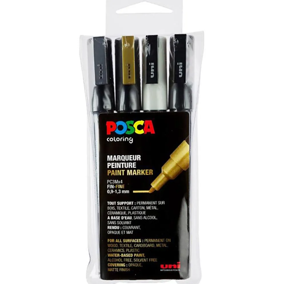 Set med Posca Markers, PC-3M, nr. PC-3M, svart, guld, silver, vit, 4 st./ 1 förp.