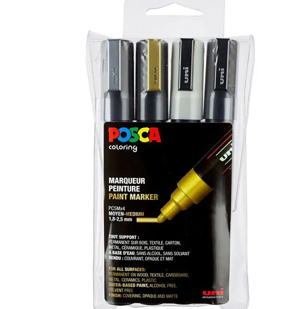 Set med Posca Markers, PC-5M, nr. PC-5M, svart, guld, silver, vit, 4 st./ 1 förp.