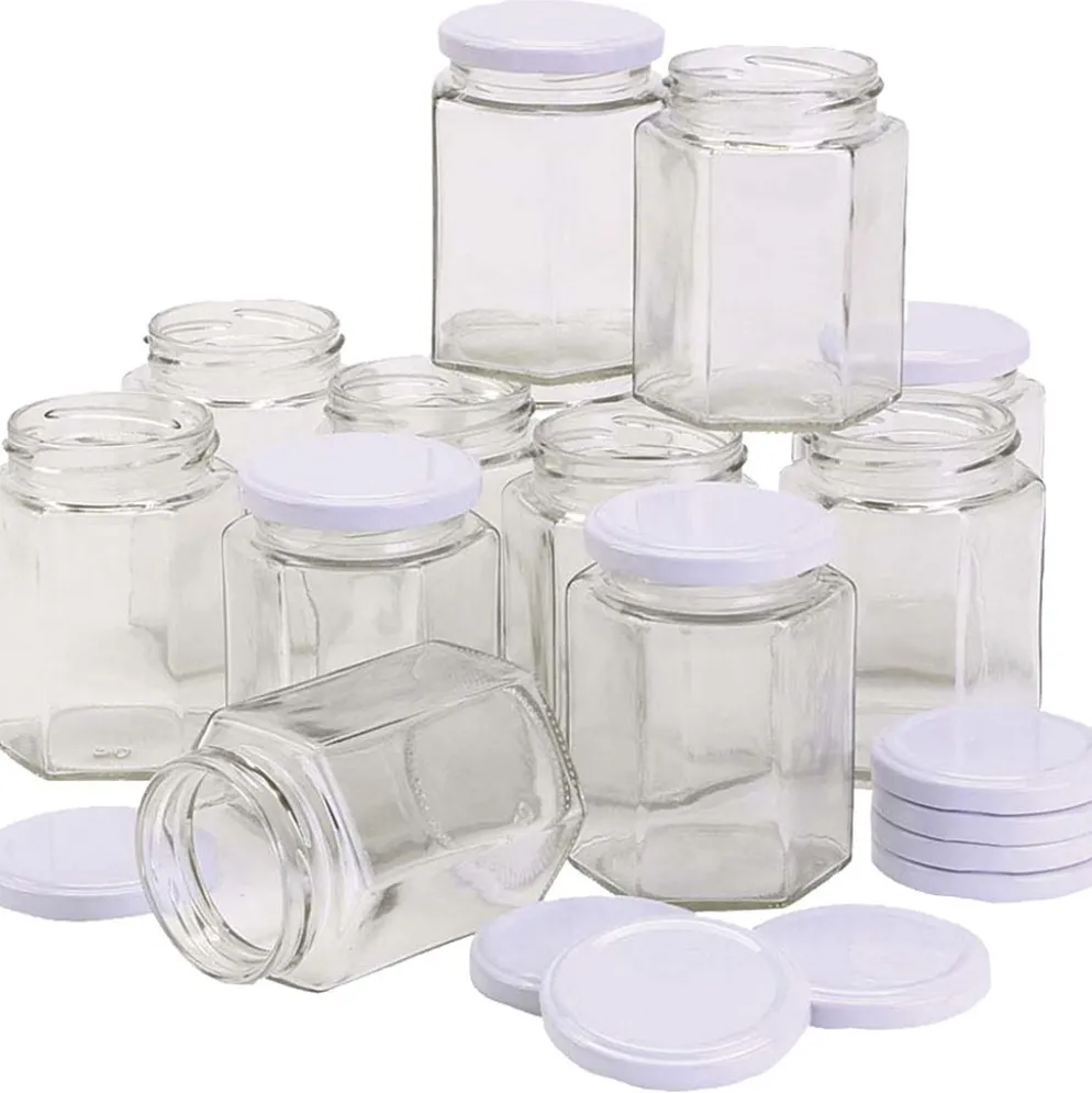 Sexkantig glasburk, H: 8 cm, Dia. 7 cm, 180 ml, 12 st./ 1 förp.