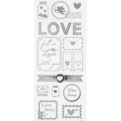 Stickers, love, ark 10x24 cm, ca. 14 st., silver, 1 ark
