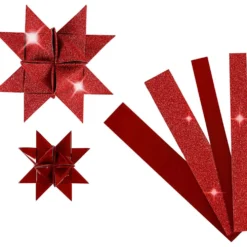 Stjärnstrimlor, L: 44+78 cm, B: 15+25 mm, Dia. 6,5+11,5 cm, glitter,lack, röd, 40 strimlor/ 1 förp.