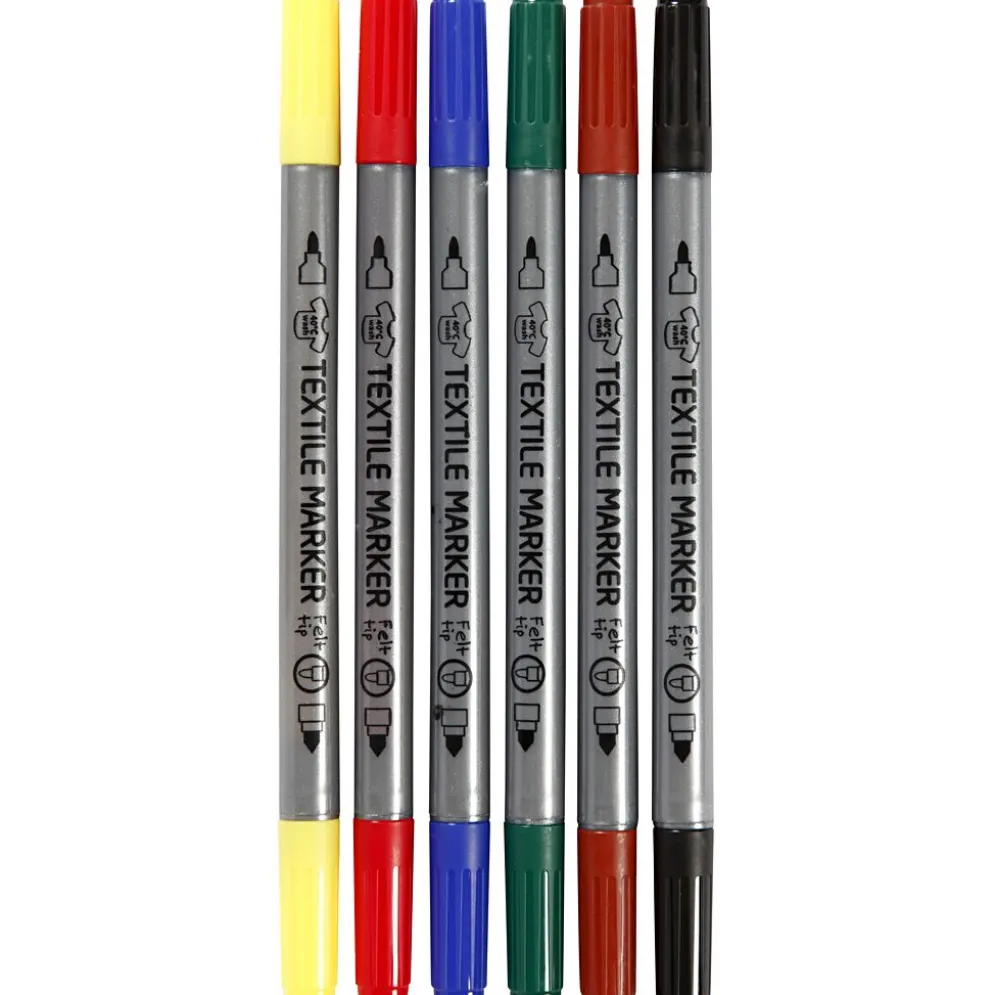 Textiltuschpennor, spets 2,3+3,6 mm, standardfärger, 6 st./ 1 förp.