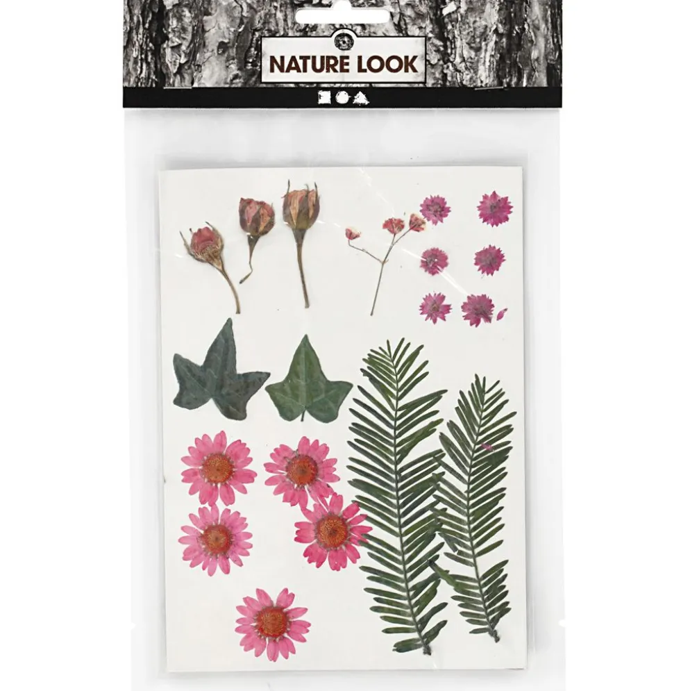 Torkade blommor och blad, ca. 19 st., ljusröd, 1 förp.