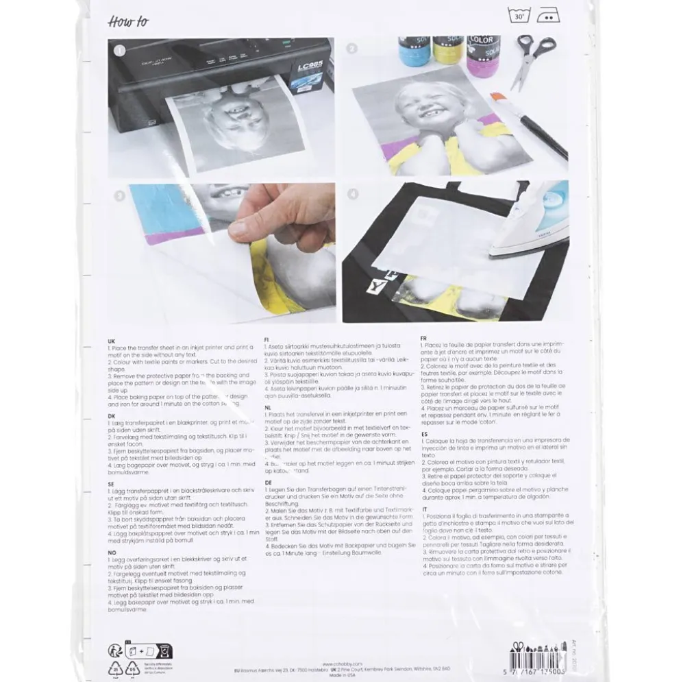Transferark, ark 21,5x28 cm, till ljusa och mörka textilier, vit, 12 ark/ 1 förp.