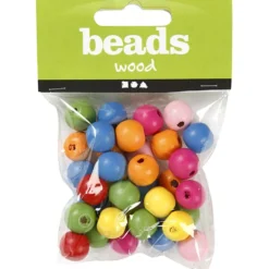 Träpärlor, Dia. 12 mm, Hålstl. 2,5-3 mm, ca. 40 mix., mixade färger, 22 g/ 1 förp.