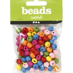 Träpärlor, Dia. 8 mm, Hålstl. 1,5-2 mm, ca. 90 mix., mixade färger, 16 g/ 1 förp.