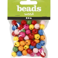Träpärlor, Dia. 10 mm, Hålstl. 2,5-3 mm, ca. 70 mix., mixade färger, 22 g/ 1 förp.