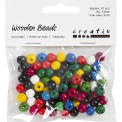 Träpärlor, Dia. 8 mm, Hålstl. 2 mm, ca. 80 st., mixade färger, 15 g/ 1 förp.