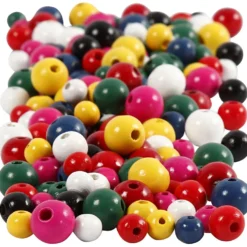 Träpärlor, Dia. 8+10+12 mm, Hålstl. 2-2,5 mm, ca. 540 st., mixade färger, 175 g, 400 ml/ 1 hink