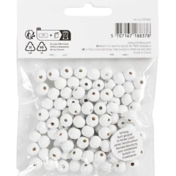 Träpärlor, Dia. 8 mm, Hålstl. 2 mm, ca. 80 st., vit, 15 g/ 1 förp.