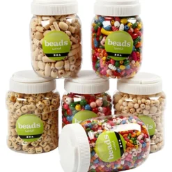 Träpärlor, Dia. 5-25 mm, 6x200 g, 6x400 ml/ 1 förp.