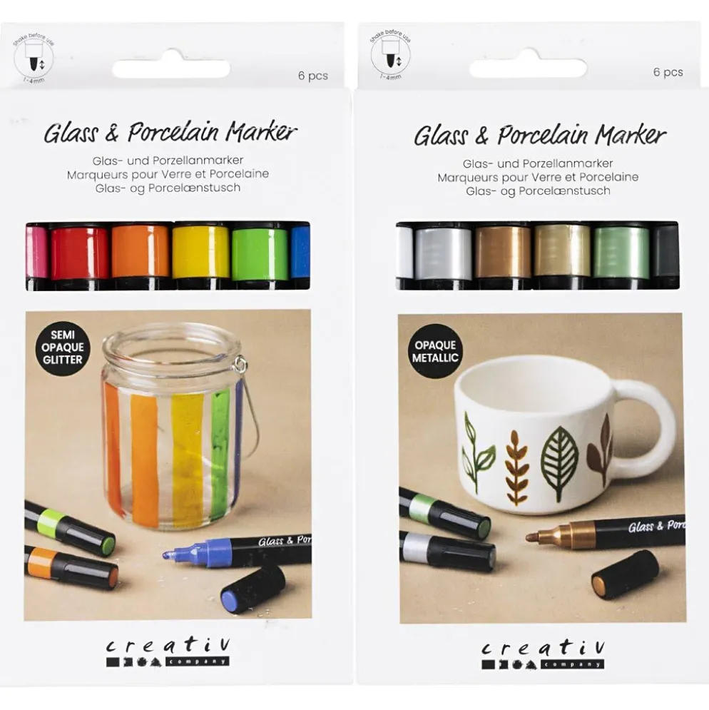 Tuschpennor för glas och porslin, spets 1-4 mm, semi opaque, glitter färger, metallicfärger, 2x6 st./ 1 förp.