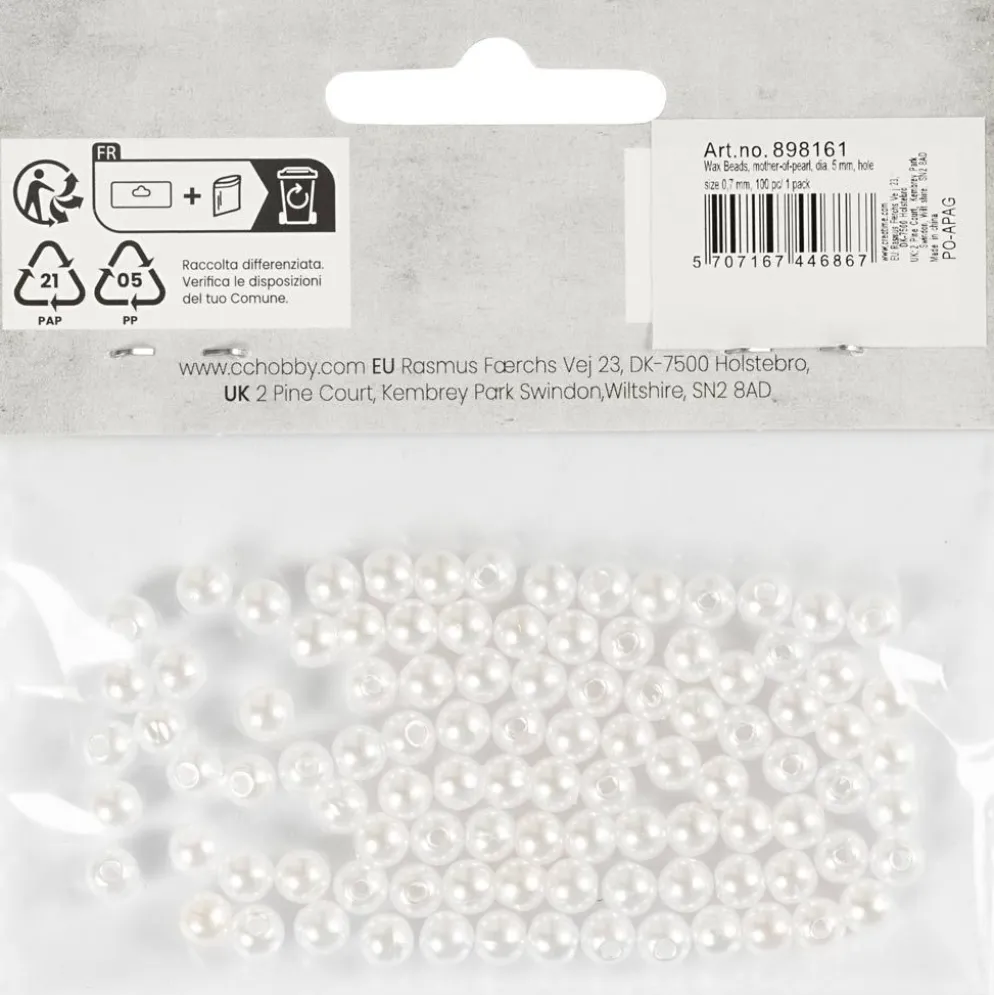 Vaxpärlor, Dia. 5 mm, Hålstl. 0,7 mm, pärlemor, 100 st./ 1 förp.