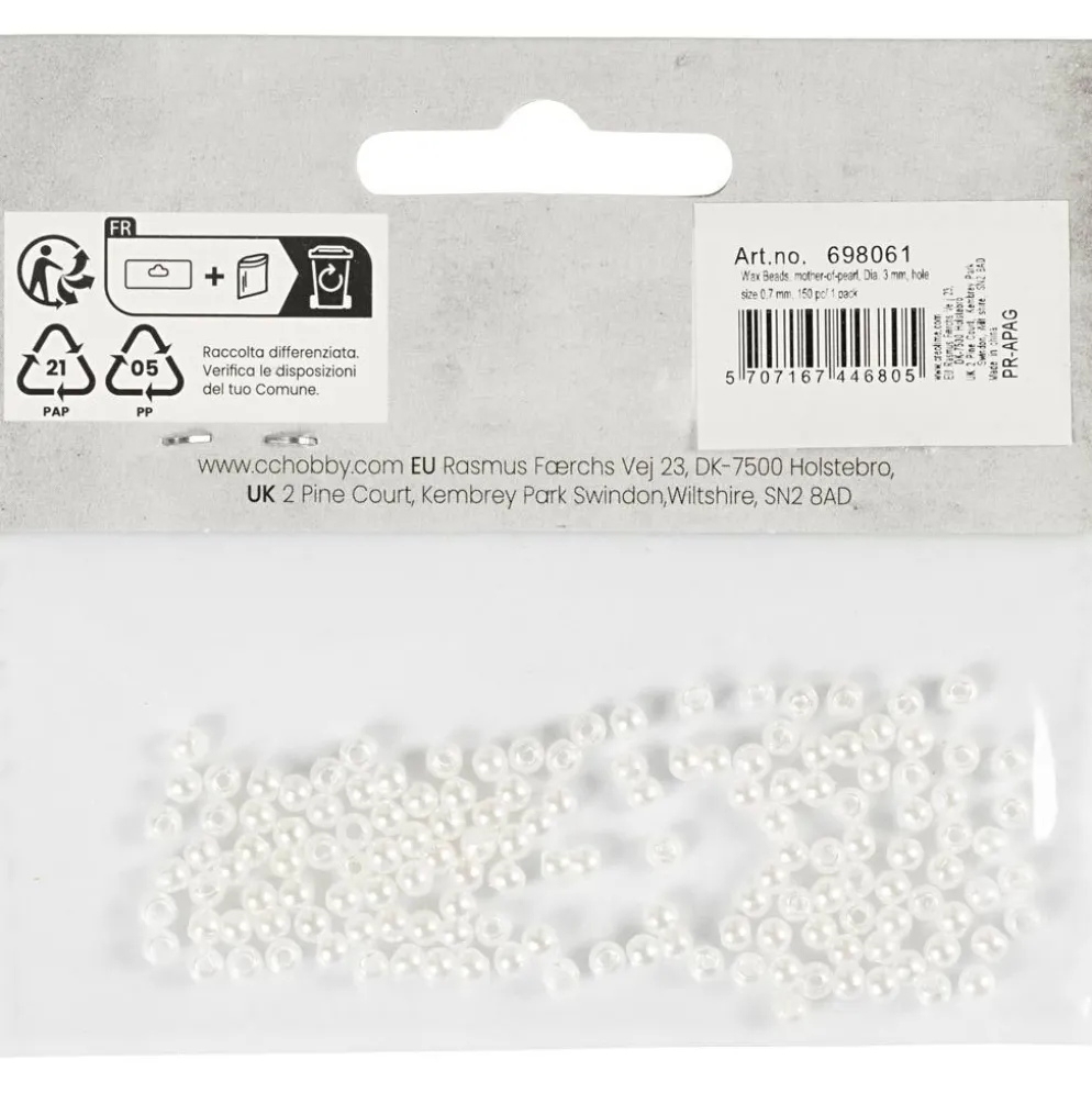 Vaxpärlor, Dia. 3 mm, Hålstl. 0,7 mm, pärlemor, 150 st./ 1 förp.