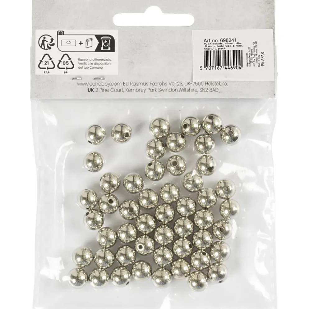 Vaxpärlor, Dia. 8 mm, Hålstl. 1 mm, silver, 50 st./ 1 förp.