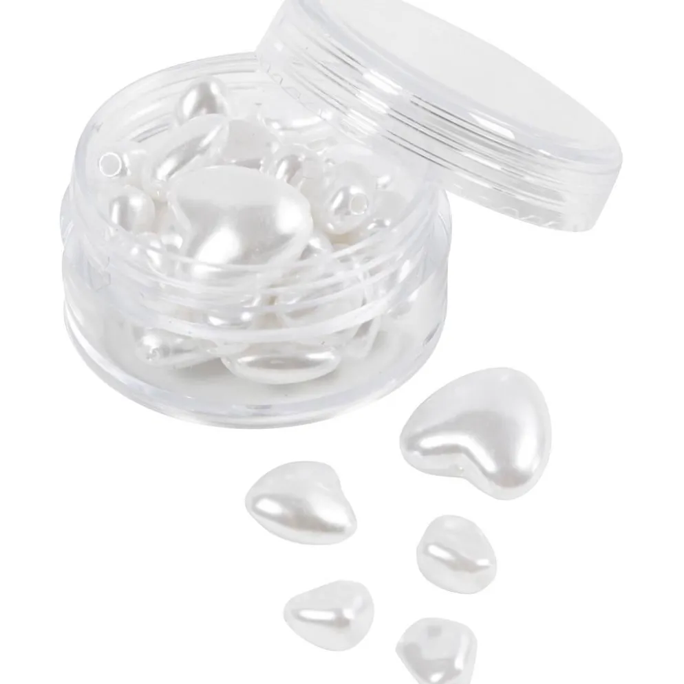 Vaxpärlor, Hjärtan, Dia. 7-13 mm, Hålstl. 1,3-1,5 mm, pärlemor, 32 st./ 1 förp.