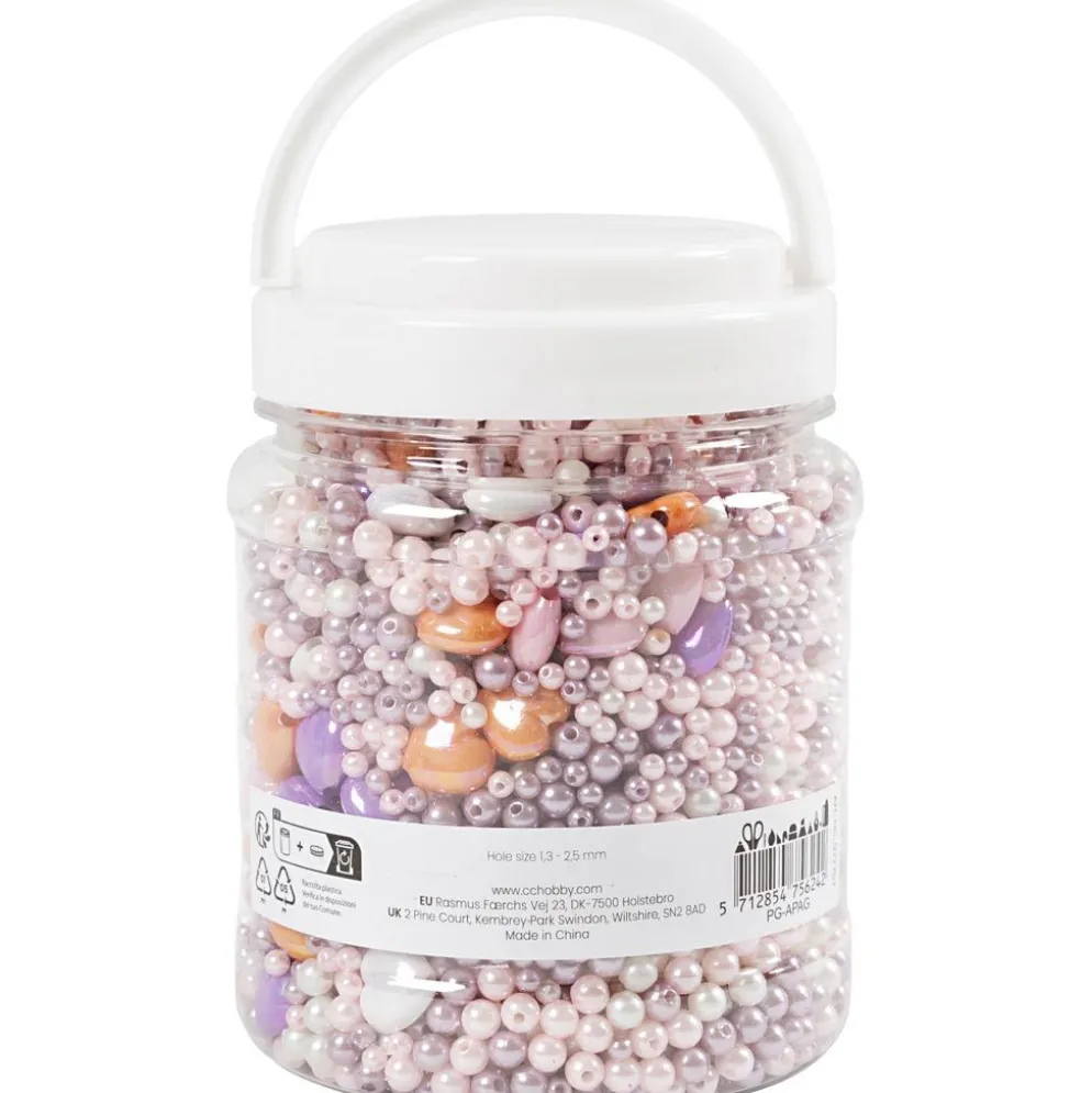 Vaxpärlor, Hålstl. 1,3-2,5 mm, ca. 5500 st., pastel orange, softrosa, ljuslila, pärlemor, 425 g, 700 ml/ 1 burk