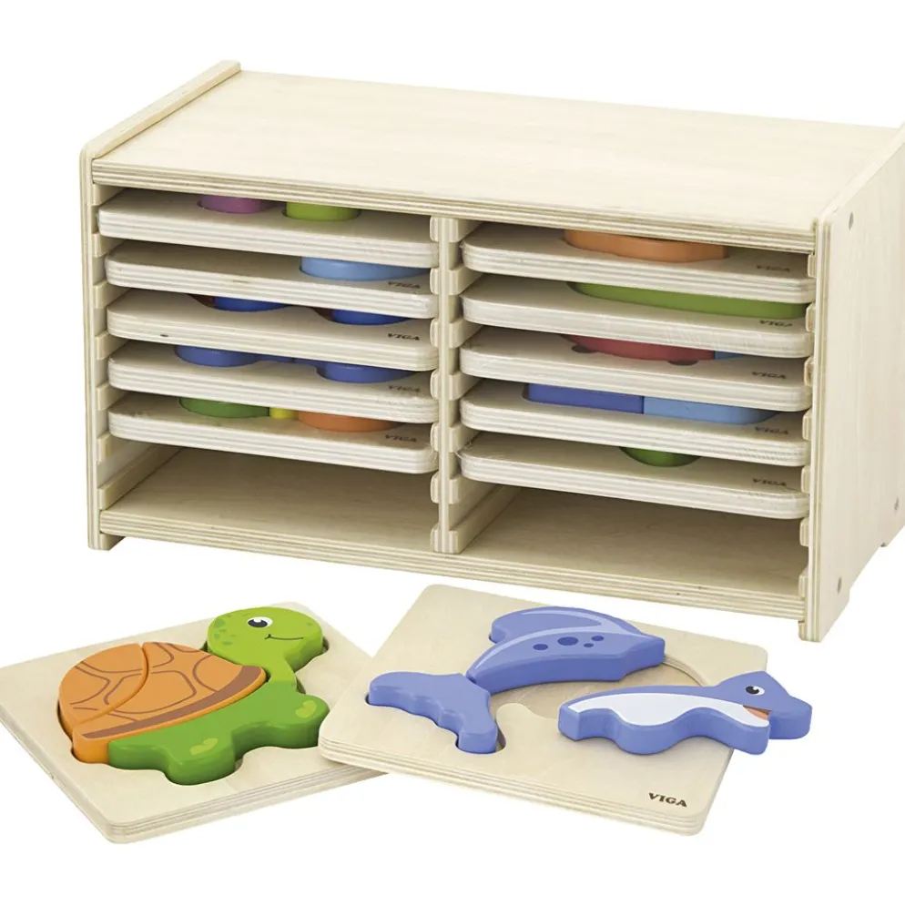VIGA pusselhylla med 12 blockpussel, H: 17,5 cm, L: 31,5, B: 16 cm, 2 brickor, 12 delar/ 1 set