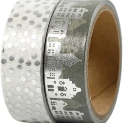 Washitejp, hus och prickar - folie, B: 15 mm, silver, 2x4 m/ 1 förp.